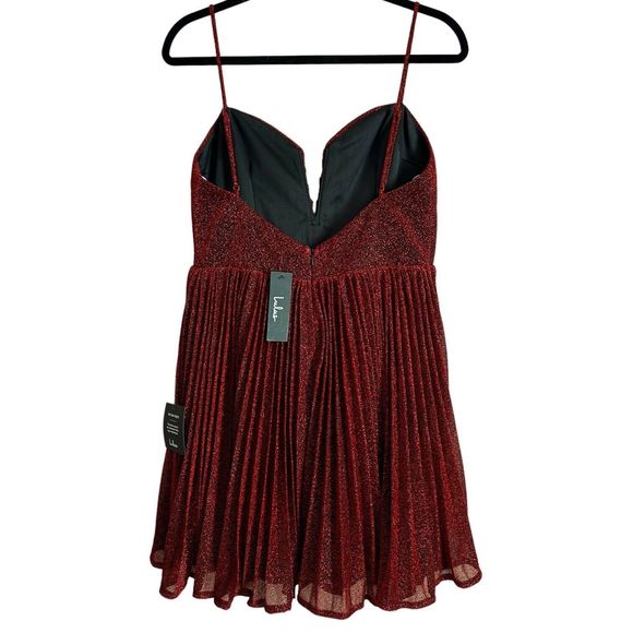 New NWTLulu’s Medium Shine Tonight Red Sparkly Pleated Skater Dress Notch Neck M - Picture 4 of 16